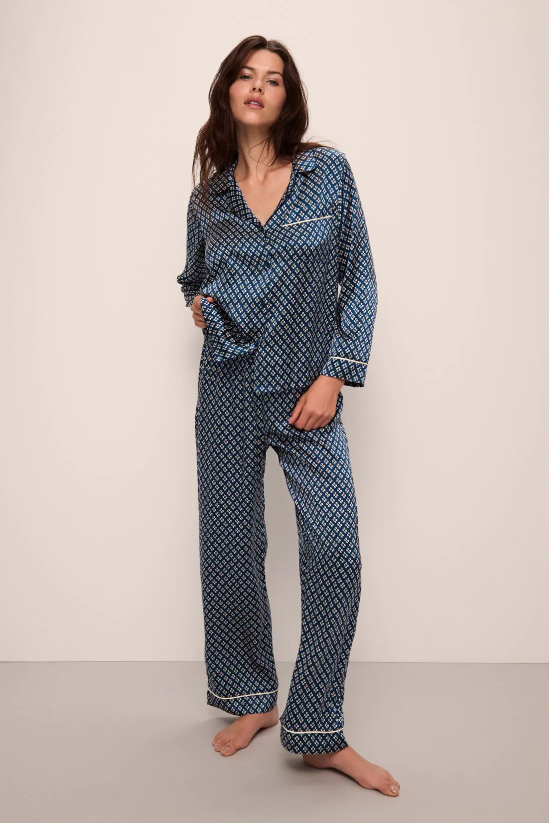 Inez Washable Silk Printed Long Pajama Set